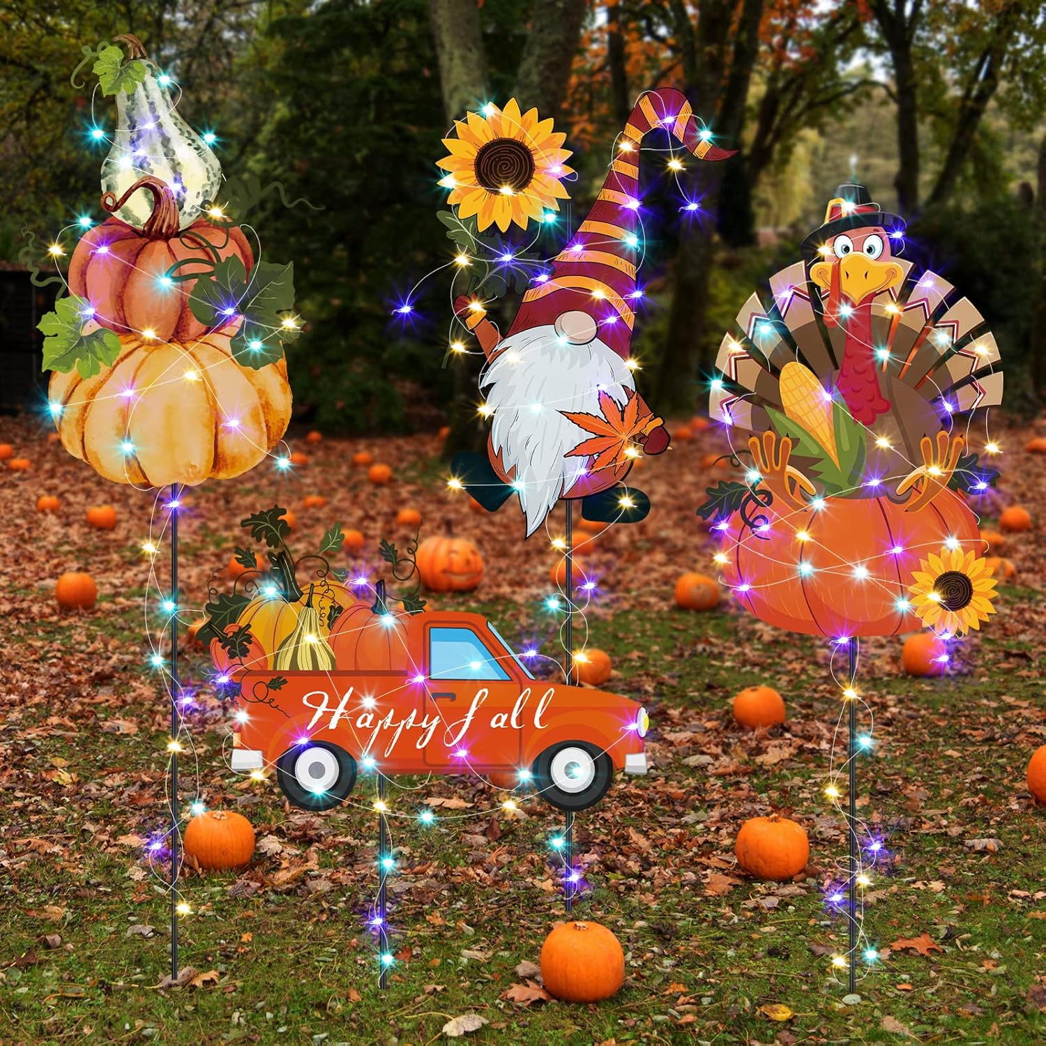 Yard Signs - 4 Pcs Thanksgiving Yard Sign Stakes Outdoor Thanksgiving Decorations Metal Pumpkin Turkey Truck Stakes Yard Signs with String Lights for Thanksgiving Lawn Patio Garden Party Decorations