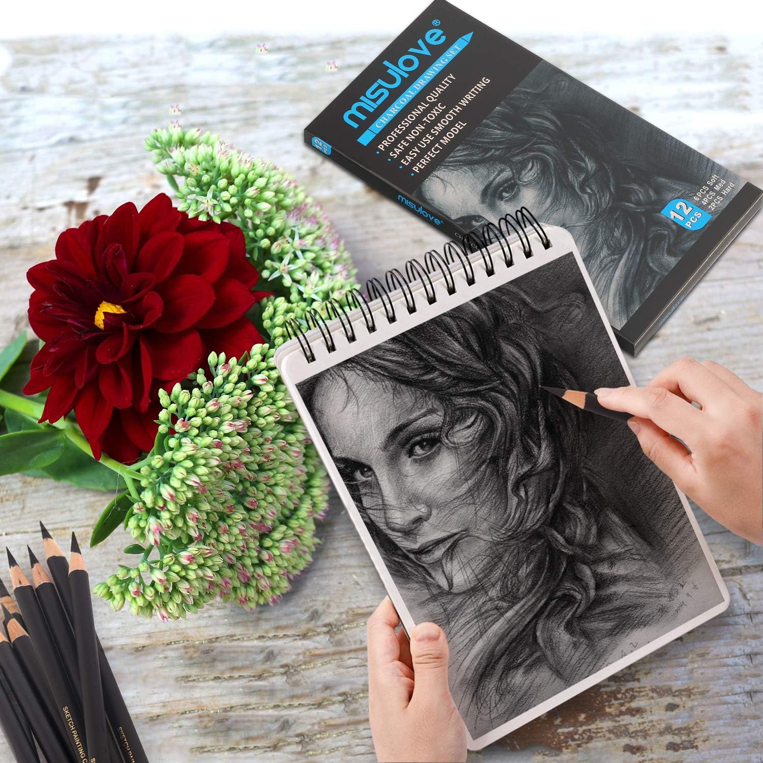 MISULOVE Professional Charcoal Pencils Drawing Set - 12 Pieces Soft, Medium & Hard Charcoal Pencils for Drawing, Sketching, Shading, Ideal Artist Pencils for Beginners & Artists : Office Products