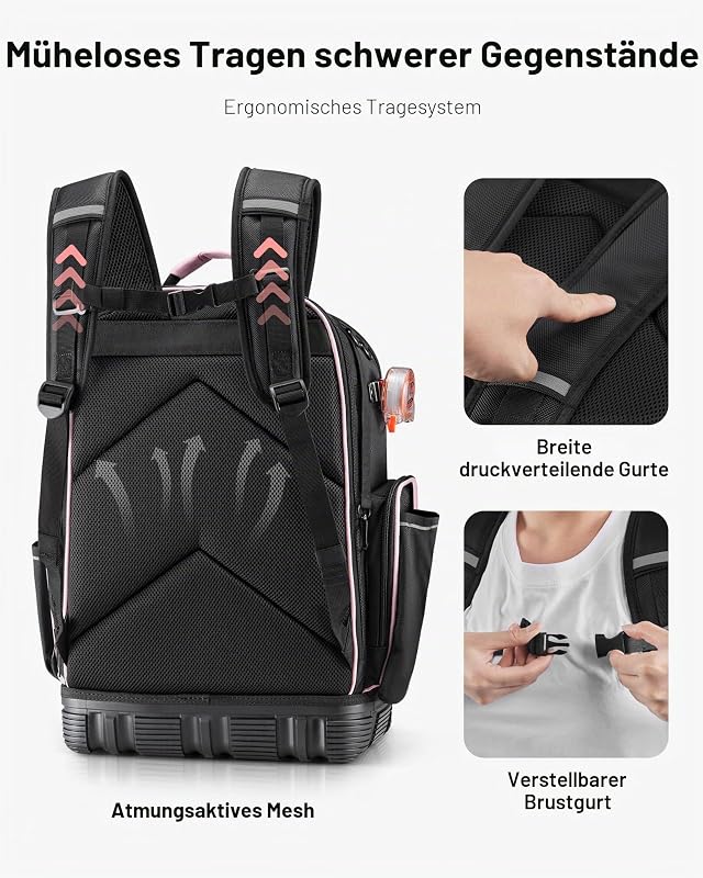 Werkzeugrucksack, 56 Taschen, Werkzeug-Aufbewahrungs-Organizer, Backpack mit Laptopfach, Baustellenrucksack, Werkzeugtasche für Elektriker, Reparaturarbeiter & Heizungstechniker