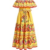 FYMNSI Girls Mexican Dress Spring Summer Off-Shoulder Ruffle Traditional Folk Maxi Dress Belted Cinco De Mayo Fiesta Sundress