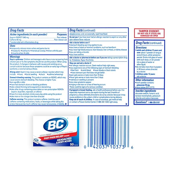 BC POWDER | FAST PAIN RELIEF | ASPIRIN (NSAID) & CAFFEINE | 50 COUNT (10042037103993)