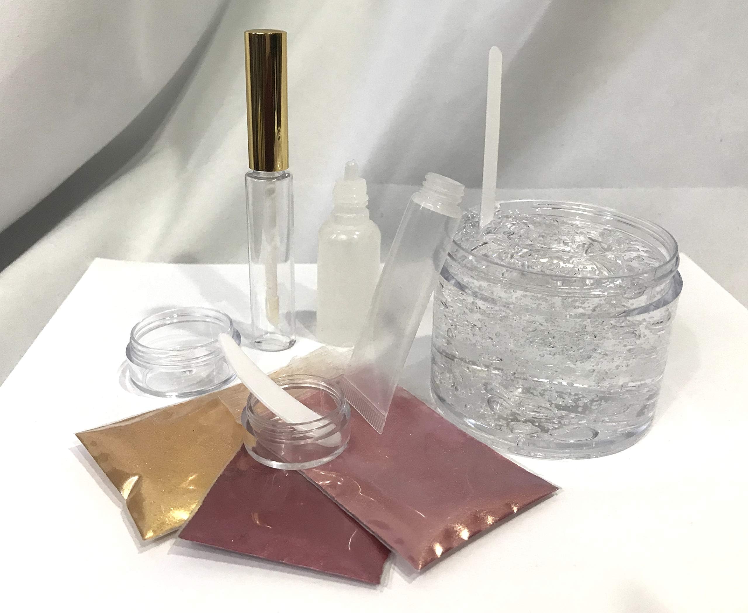 2 oz jar Clear Lip Gloss Versagel Gel Base, Gold, Pink Gold, Burgundy Mica Colors, Moisturizing Lip Oil, Lip Gloss Tubes and Jars, Pigment Spoon Kit