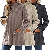 Sweetyweee 3 Pack Women's Long Sleeve Mock Neck Sweaters, Ribbed Knit Long Tops Turtleneck Loose Fit Tunic Shirt with Pockets