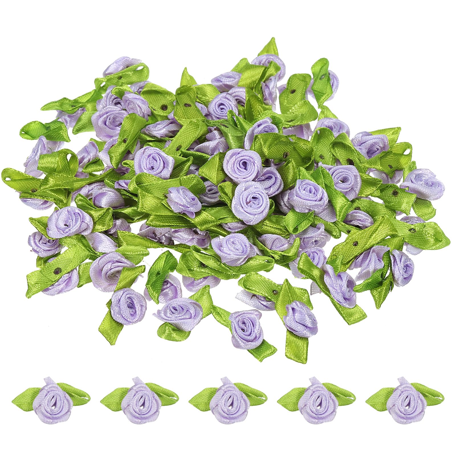 PATIKIL Mini Ribbon Roses, 200 Pcs Tiny Satin Fabric Flowers with Green Leaves Embellishments Rosettes Applique for DIY Crafts Sewing Wedding,Light Purple