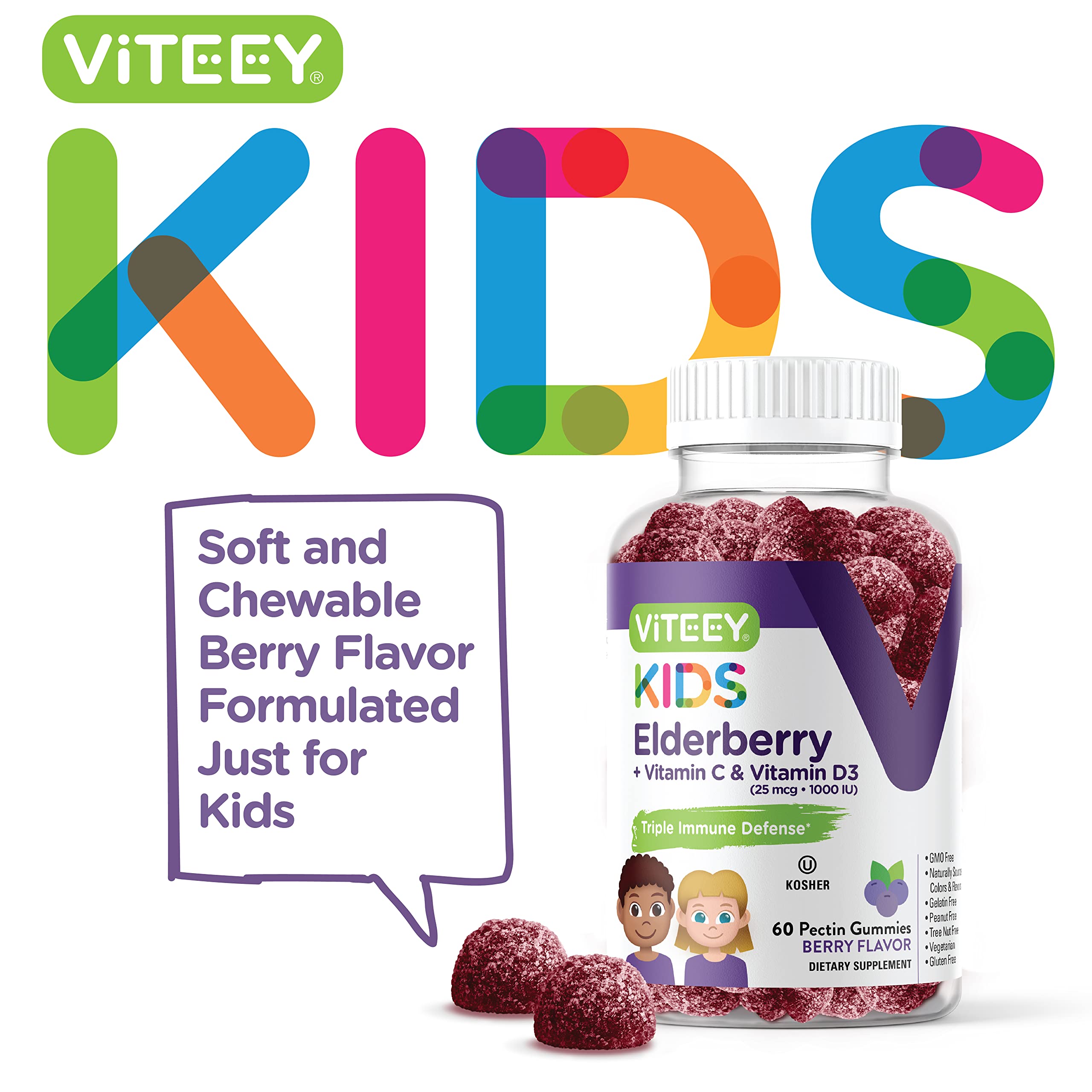 Viteey Sambucus Elderberry for Kids Immune Support Supplements with Vitamin D3 & Vitamin C - 3-1 Immune Booster - Vegetarian, Gelatin Free, Gluten Free, GMO Free - Tasty Chewable Berry Flavored Gummy