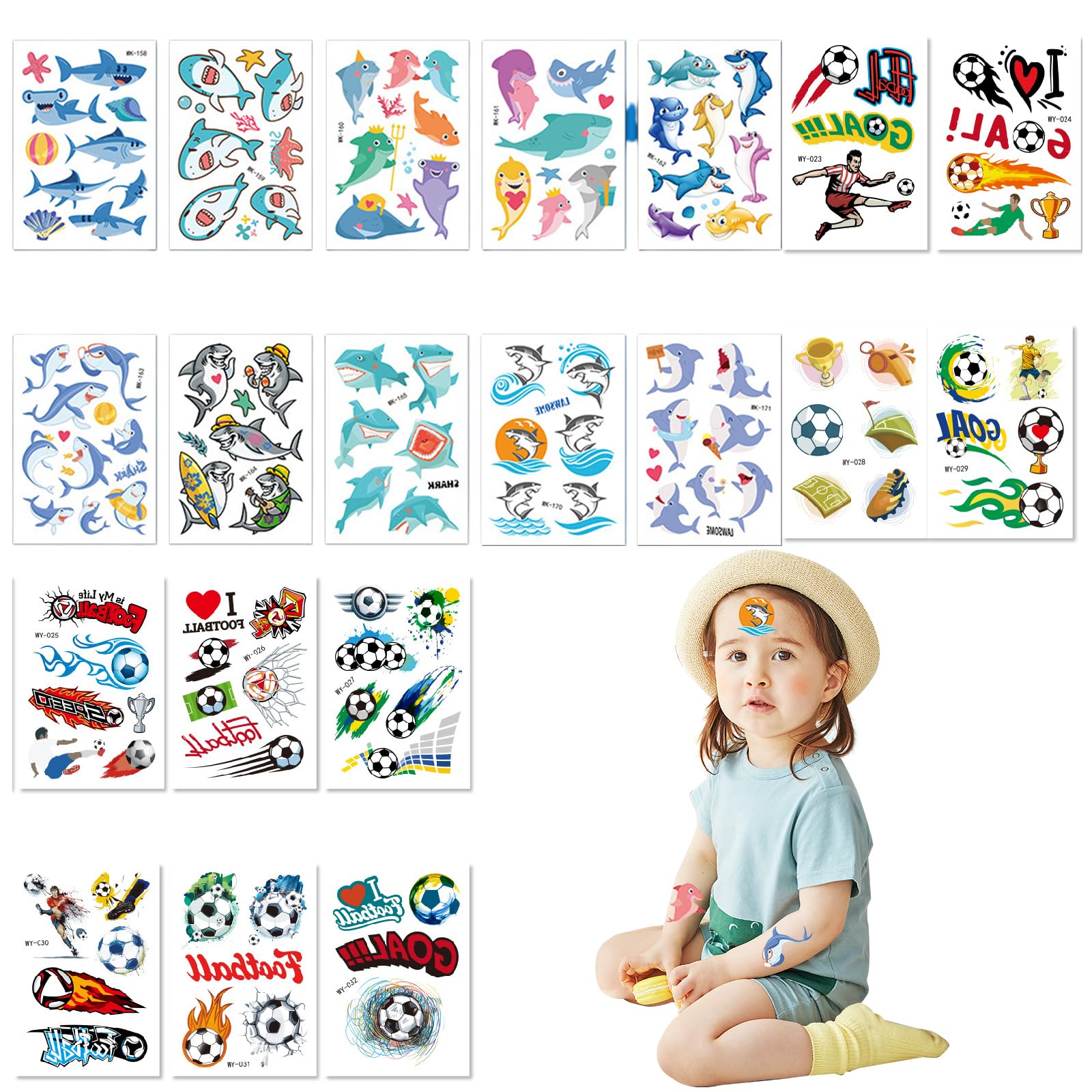 PLATEYTR 20 Pieces Cartoon Tattoo Stickers Temporary Tattoos for Kids Temporary Tattoos Shark Tattoo Stickers Soccer Tattoo Stickers Kids Tattoos (10-16 years old)