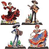 4PCS Day of The Dead Centerpieces Decorations for Dia De Los Muertos Altar | Double-sided Wooden Dia De Los Muertos Skull Figurines for Mantel Shelf Tabletop Fireplace Halloween Indoor Decor