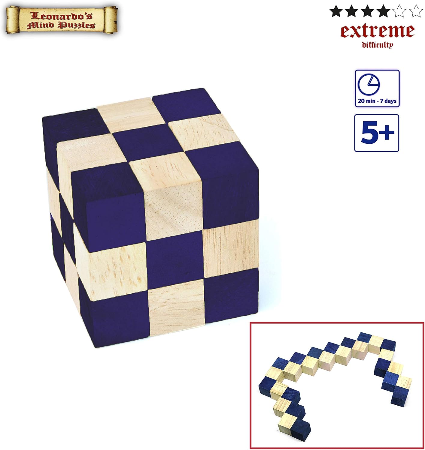 Logica Puzzles Art. Blue Snake Cube - 3D Wooden Brain Teaser - Difficulty 4/6 Extreme - Leonardo da Vinci Collection - Image 3