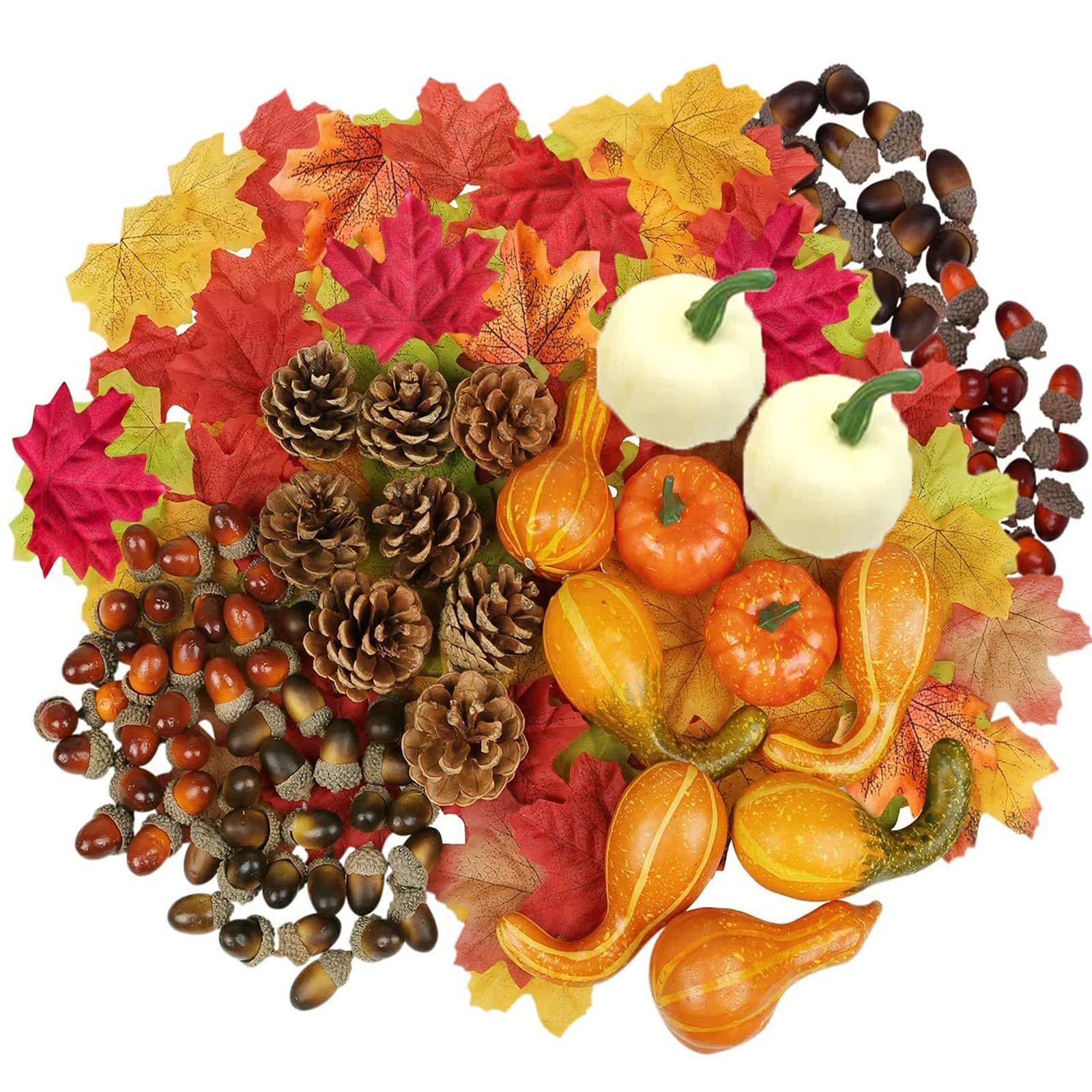 HBell 172pcs Thanksgiving and Halloween Artificial Pumpkins Set - Mini Fake Pumpkins, Pine Cones, Maple Leaves, Acorns - Autumn Decor for Fall, Christmas, Wedding, Home, Table