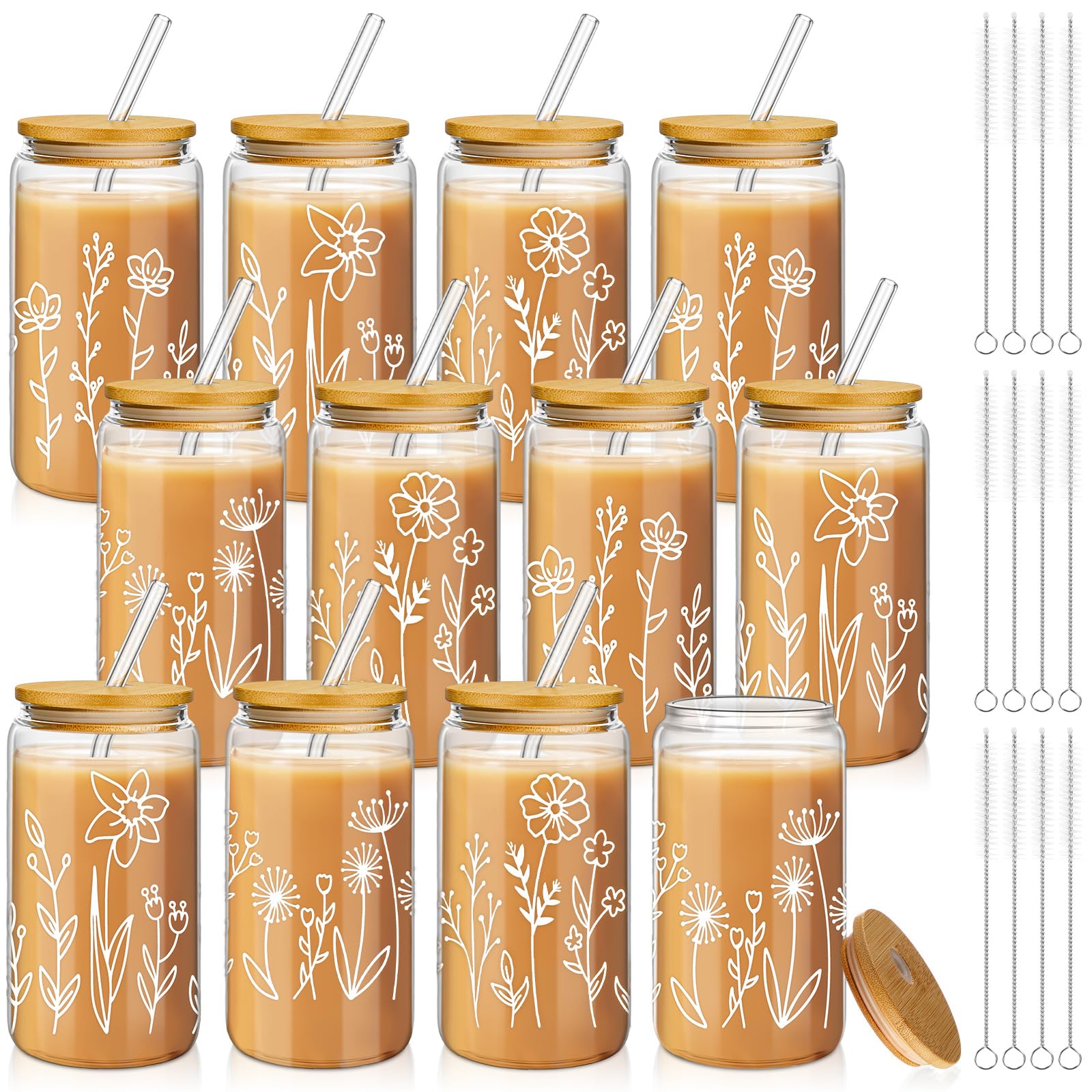 Photo 1 of Mumufy 12 Pack Gift for Women Cute Glass Cup Tumbler Flower Iced Coffee Mugs 16 oz Glass with Bamboo Lid & Straw, Mothers Day Birthday Gift for Mom Sister Bridesmaid Baby Shower (Boho Floral)