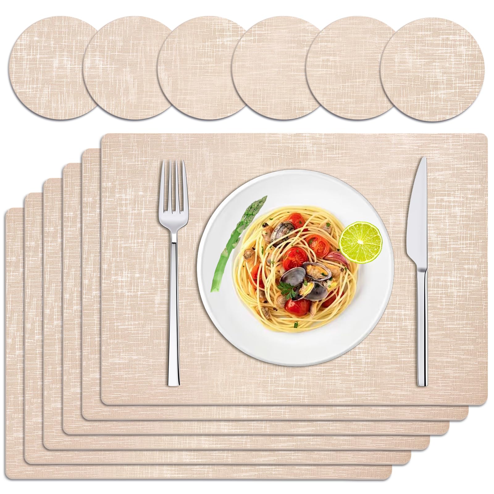 TOPAHGOD Placemats and Coaster Sets 6, Non-Slip Heat Resistant Faux leasther Place Mats for Table, 43 * 30CM Table Mats, Wipeable Waterproof Dinner Placemats Set of 6 for Indoor and Outdoor (Beige)