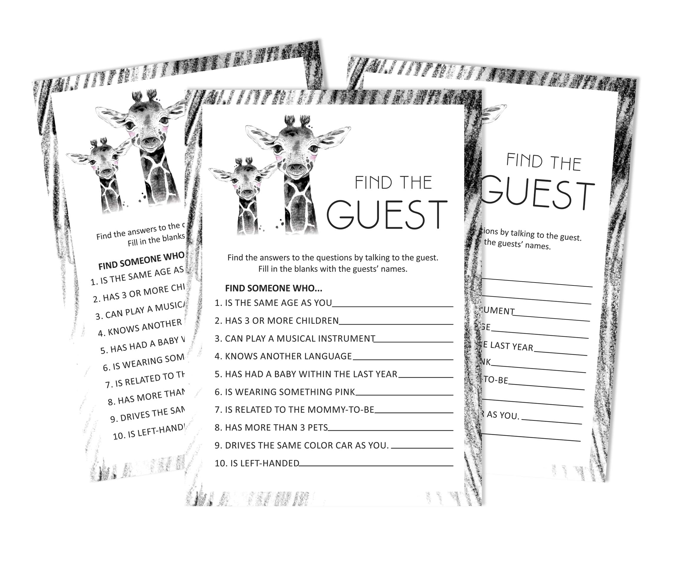 Inkdotpot Giraffe Jungle Animals 50 Sheets Find The Guest Baby Shower Game Party Supply Party Game
