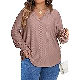 Eytino Plus Size Tops for Women Split V Neck Puff Long Sleeve Casual Loose Blouse Shirts