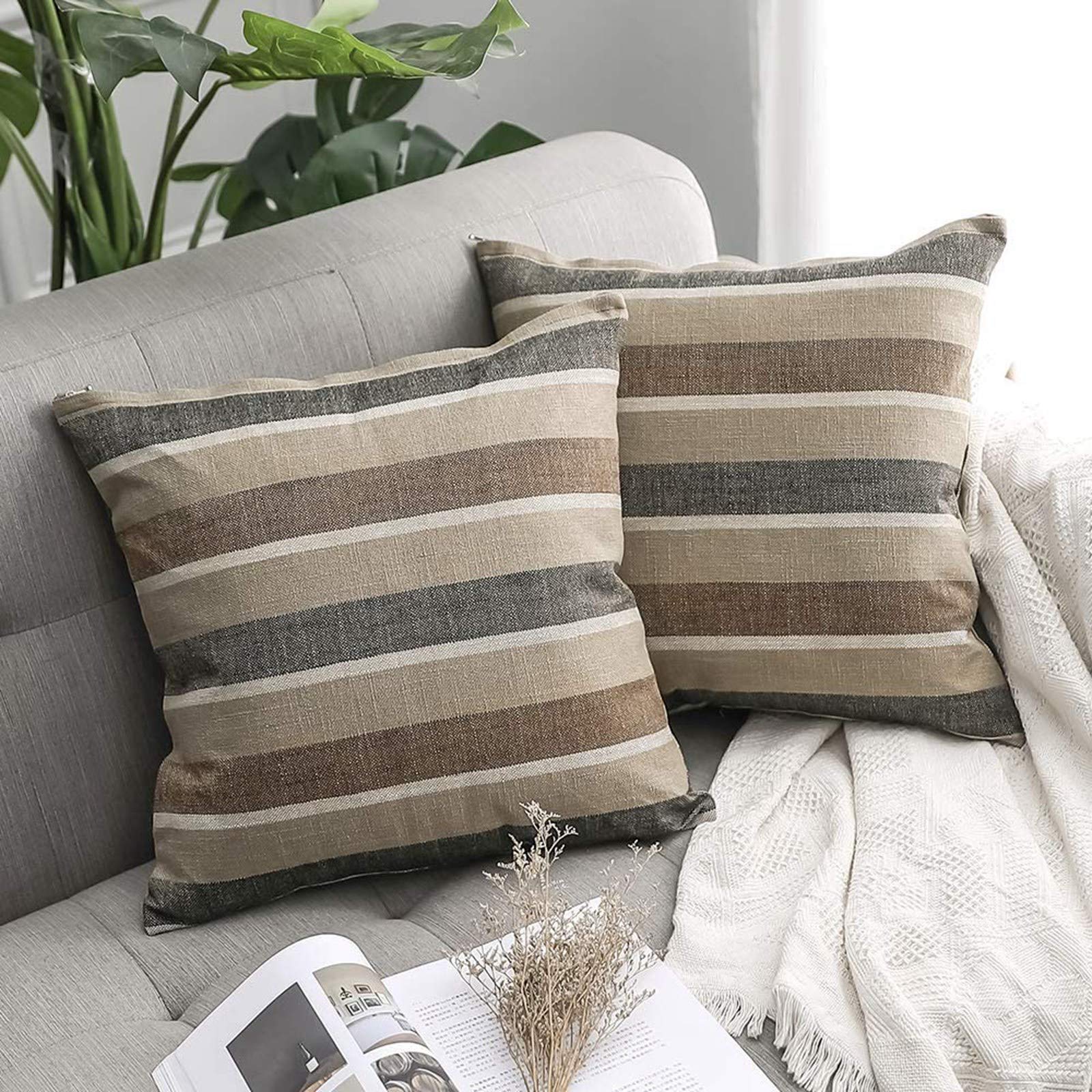 MIULEE Faux Linen Stripe Square Throw Pillow Case Cushion Cover Home for Sofa Couch/Bedroom Livingroom Decorative Pillowcase 20"x20",2 Pieces Coffee