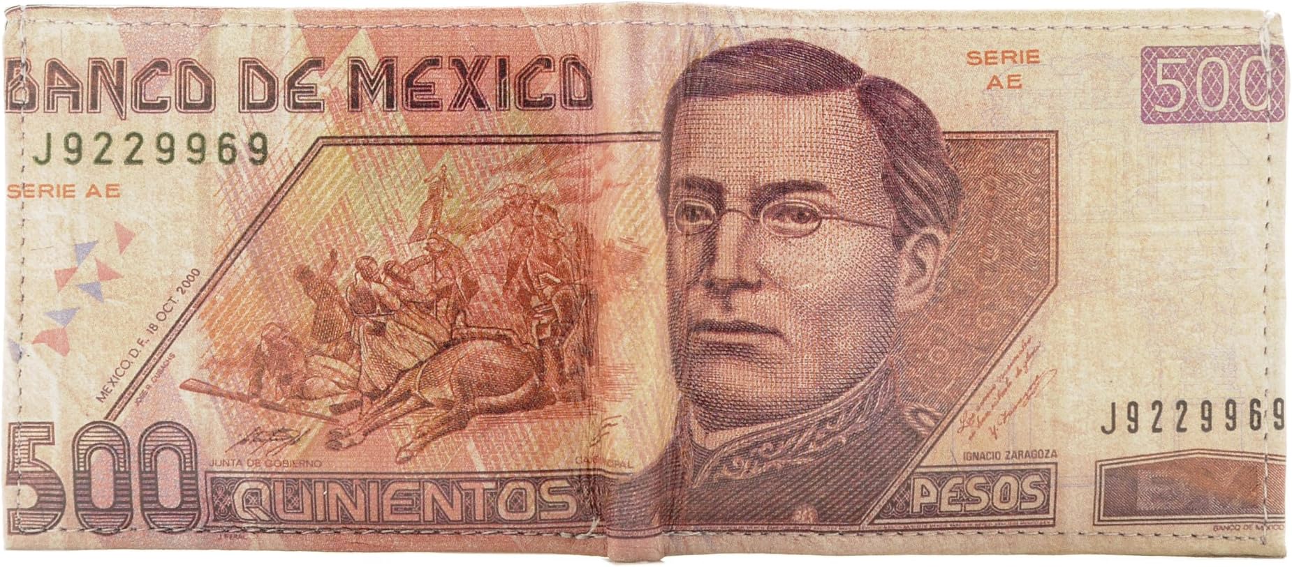 Mastoks Printed Leather Wallet - $500 Pesos Old Mexican Banknote Ignacio Zaragoza