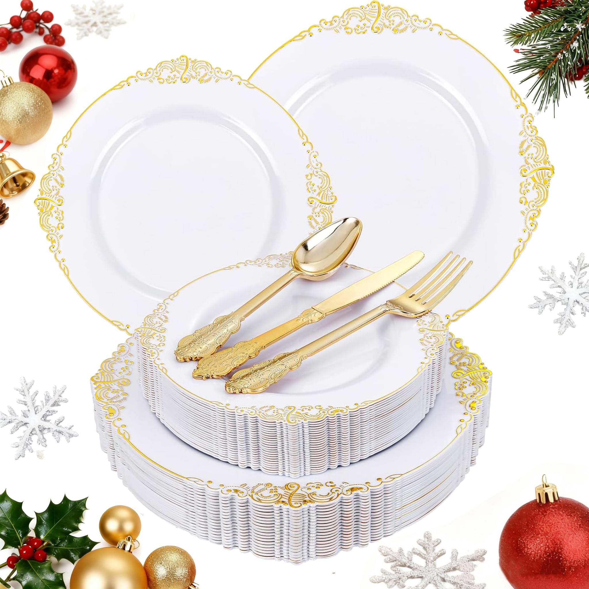 Photo 1 of ***only silverware inside*** all plates missing*** Joyido 125PCS White and Gold Plastic Plates - Gold Disposable Plates with Plastic Silverware - Vintage Disposable Dinnerware Set for 25 Guests for Christmas Parties Holiday
