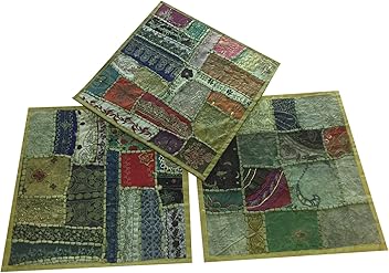 Boho Decorative Set Of 3 Indian Throw Pillow Cases Cotton Green Embroidered Patchwork Cushion Cover 16