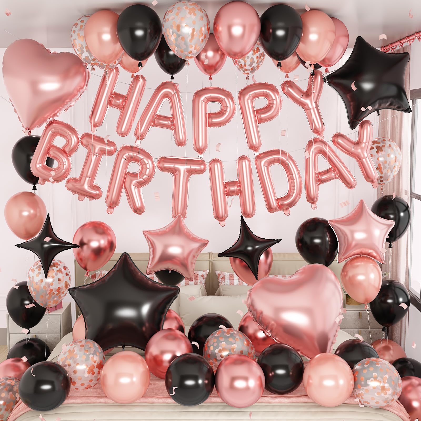 Rose Gold and Black Birthday Decorations for Women Black Pearl Rose Gold Metallic Party Balloons Confetti Balloon Happy Birthday Banner Heart Balloons 18/10 Inch Star Balloon for Bday Party Supplies