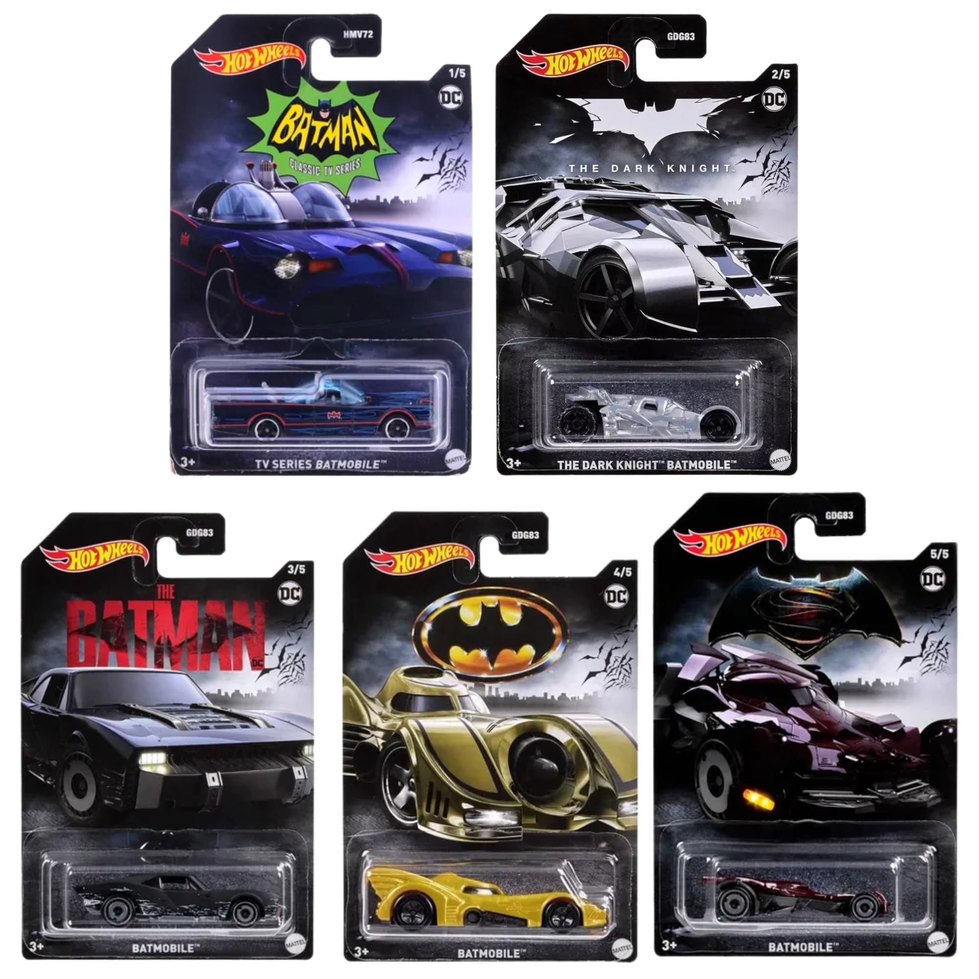 Hot Wheels Batman Collector Set HMV72 - Full Set of All 5 Diecasts - The Animated Series, The Dark Knight, The Batman, BvS & Batmobile