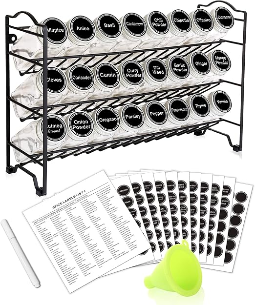 SWOMMOLY Spice Rack with 24 Empty Square Spice Jars, 396 Spice Labels with Chalk Marker and ...