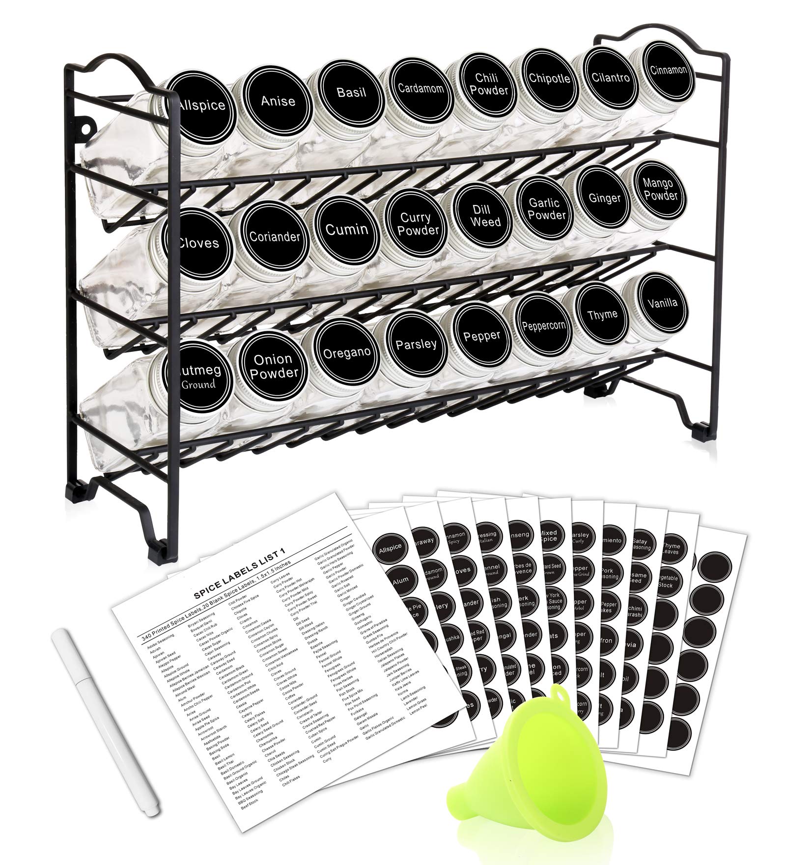 SWOMMOLY Spice Rack Organizer with 24 Empty Square Spice Jars, 396
