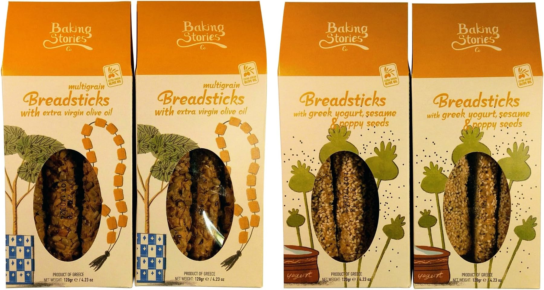 Greek Traditional Breadsticks, 2 Cretan Flavours Pack, one with Olive Oil and Multi Seeds and one with Greek Yogurt, Sesame and Poppy Seeds, Net Weight 480g Carton Boxes.
