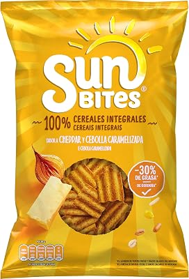 , Snack ondulado con sabor a cheddar y cebolla caramelizada con 100% de cereales integrales, Producto de Aperitivo, Snack en bolsa individual de 95gr