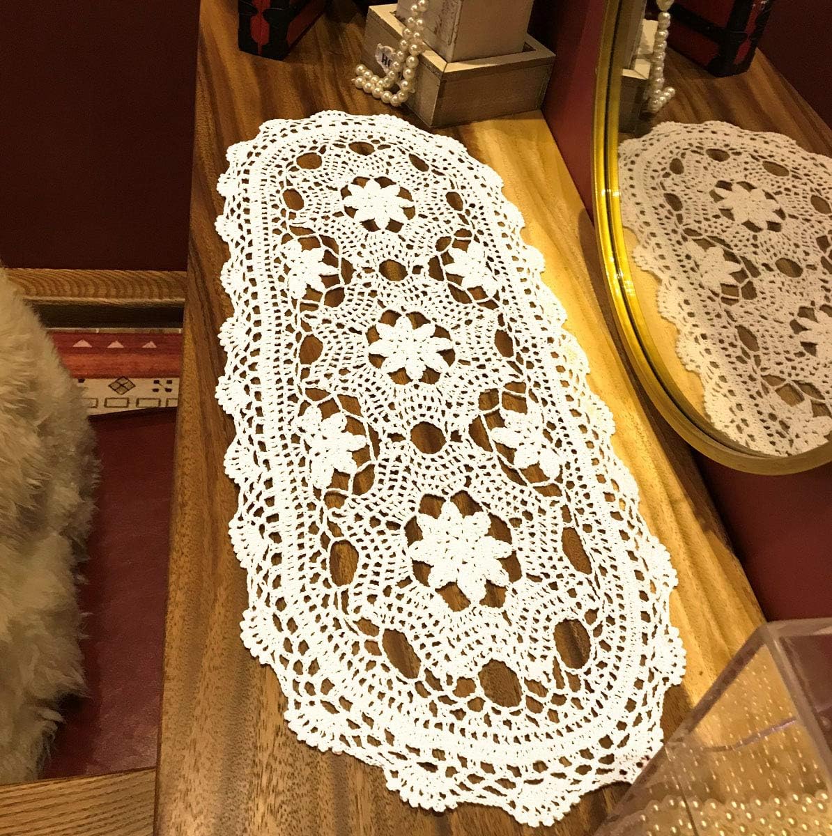 Janef White Handmade Crochet Doilies Cotton Table Runner