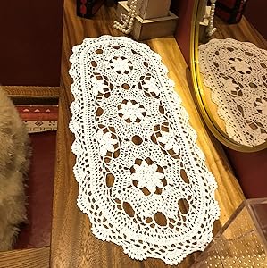 Janef White Handmade Crochet Doilies Cotton Table Runner Lace Doilies Doily Oval Dresser Scarves for bedrooms,12 by 28 Inches.