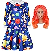 Jiuguva The Frizzle Costume Dress for Women Space Moon Print Collar Long Sleeve Dress and Short Bob Wig for Party