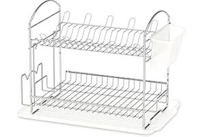 SimpleHouseware 2 Tier Compact Dish Drying Racks for Kitchen Counter and Storage for Various Tableware with Drainboard, Chrom