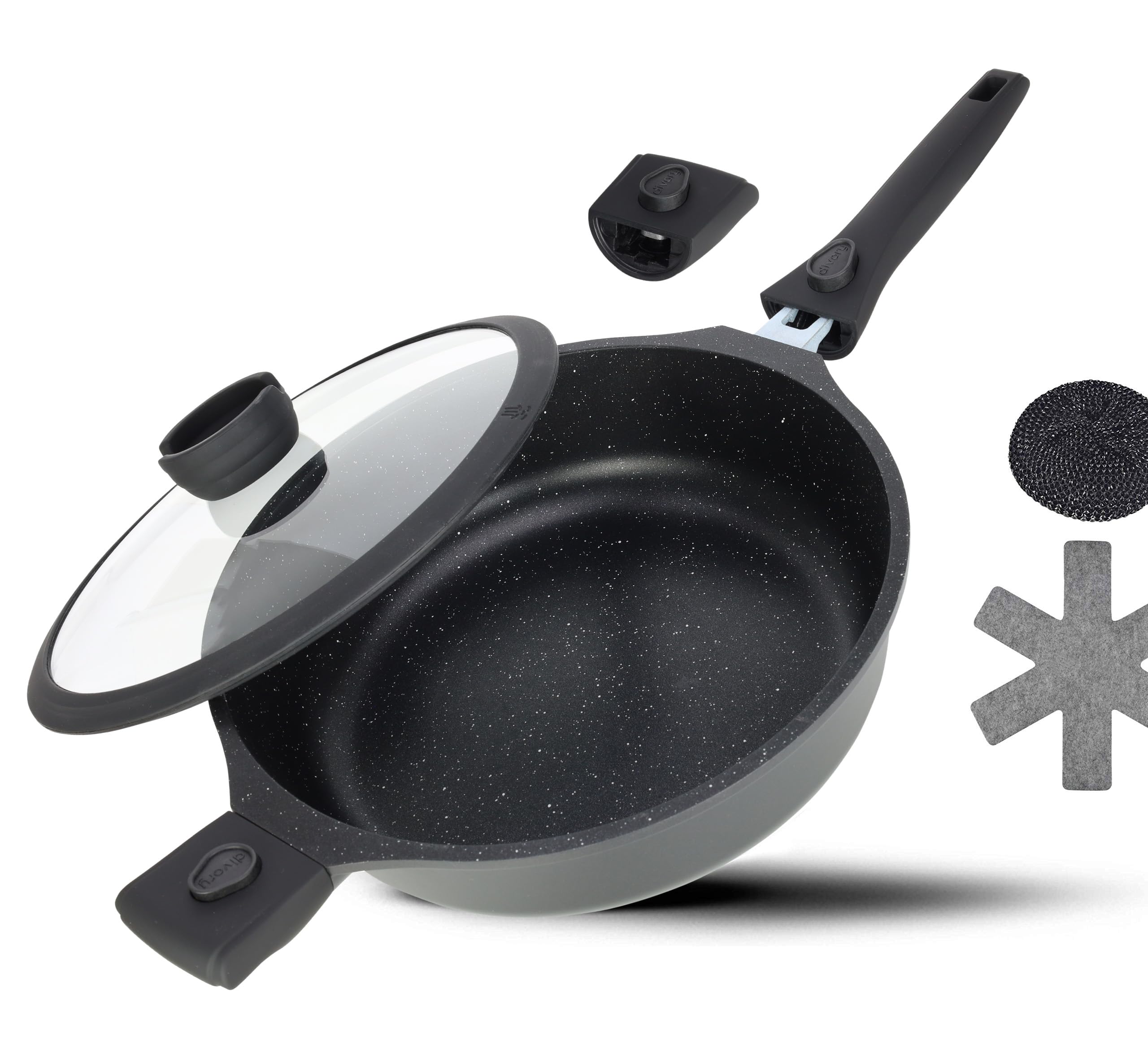 DIVORY braising pan 28cm Induction, Serving pan with lid 4.2l - Removable Handle, Coated Cooking Pot ovenproof, Aluminium braising fryingpan high Rim + Protector — image 1