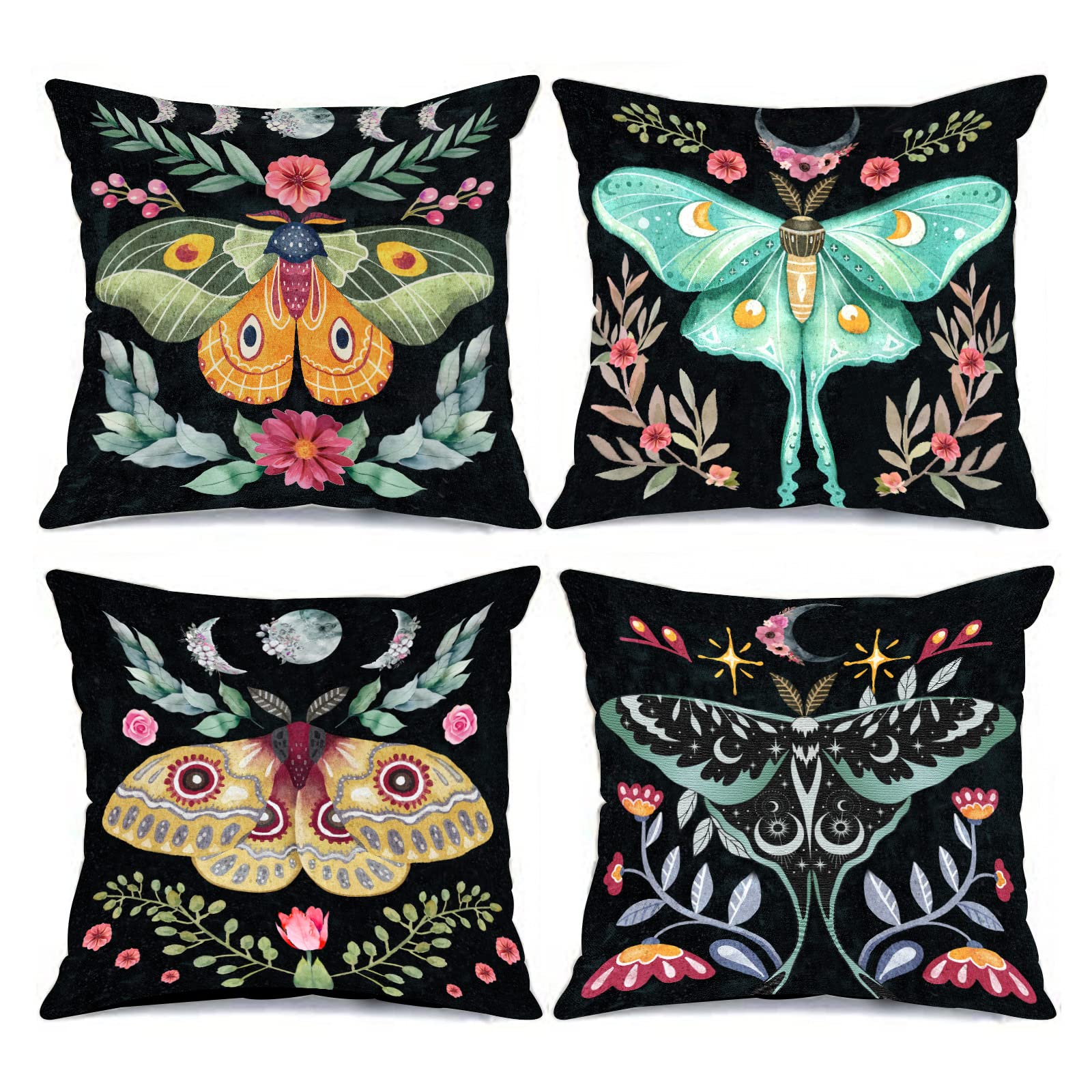 Photo 1 of Tropical Flowers Butterfies Pillows Cover Nordic Style Throw Pillow Covers Moon Phase Pillowcase Set of 4 Cushion Case BohTropical Leaves Pillow for Couch Sofa Home Office Butterfly Gift(18 X 18 Inch)