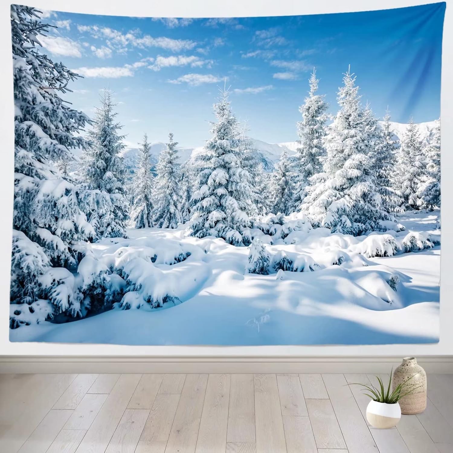 Tapestries - Loccor Winter Snow Forest Tapestry White Alps Mountain Winter Scene Tapestry 80
