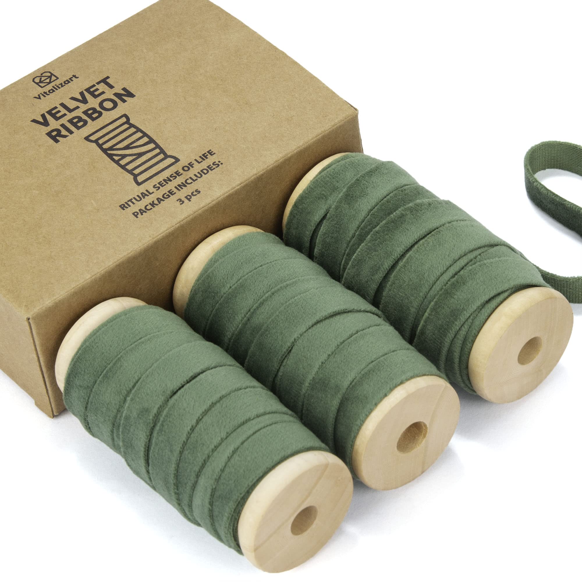 Vitalizart Green Velvet Ribbon Set 3/8" x 5Yd x 3 Rolls, Wooden Spool, Fabric Trim for Christmas Wreath Decoration, Handmade Craft, Ornaments, Gift Wrapping & Bow Making