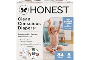 The Honest Company Clean Conscious Diapers for Sensitive Skin | Hypoallergenic, Fragrance Free | Gender Neutral Prints | Super Club Box, Size 5 (27+ lbs), 84 Count (Prints May Temporarily Vary)