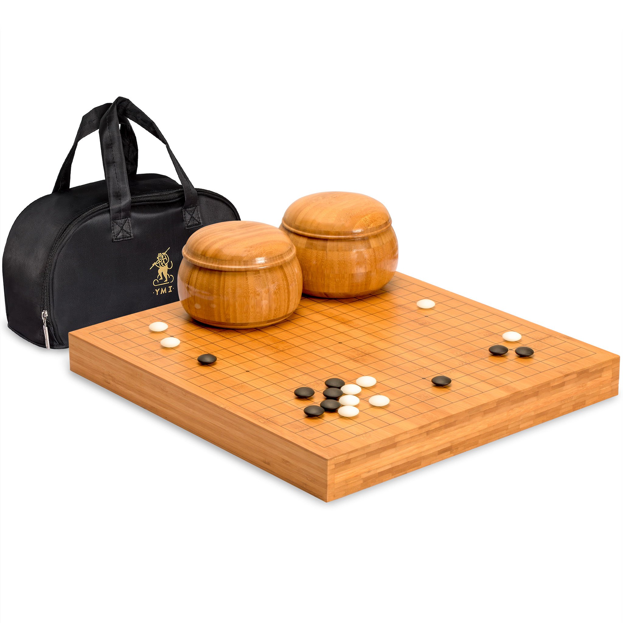 Yellow Mountain Imports Bamboo 2-Inch Reversible 19x19 / 13x13 Go Game Set Board with 9.2mm Double Convex Yunzi Stones and Bamboo Bowls - Classic Strategy Board Game (Baduk/Weiqi)