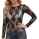 PT Haahoos Womens Long Sleeve Mesh Tops Sexy Crewneck Sheer Lace Shirts Party Club Night See Through Blouses