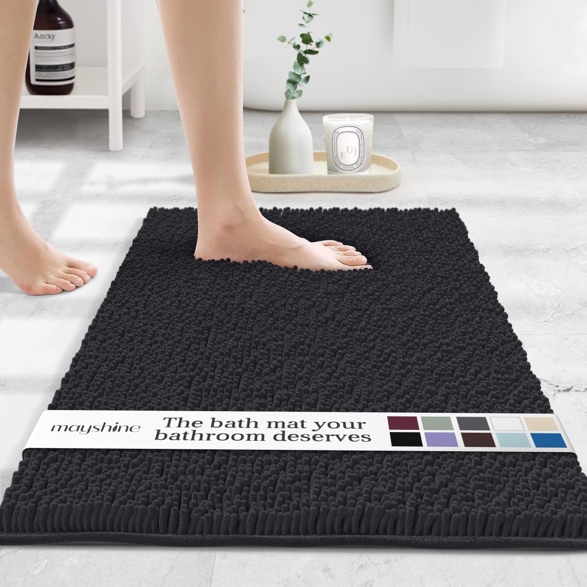 Photo 1 of MAYSHINE Plush Shaggy Chenille Bath Mat | Extra Soft, Super Absorbent, Non-Slip Bathroom Rug | Fluffy Microfiber, Area Rug Sets for Bathroom Floor, Kitchen, Living Room | 23"x14" | Black