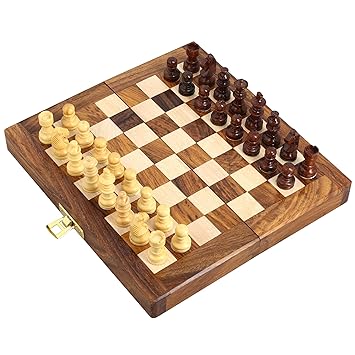 Shalinindia Handcrafted Wooden Folding Magnetic Chess Set Wood Travel Games Great Gifts for Kids and Adults (7-inchx3.5-inch)