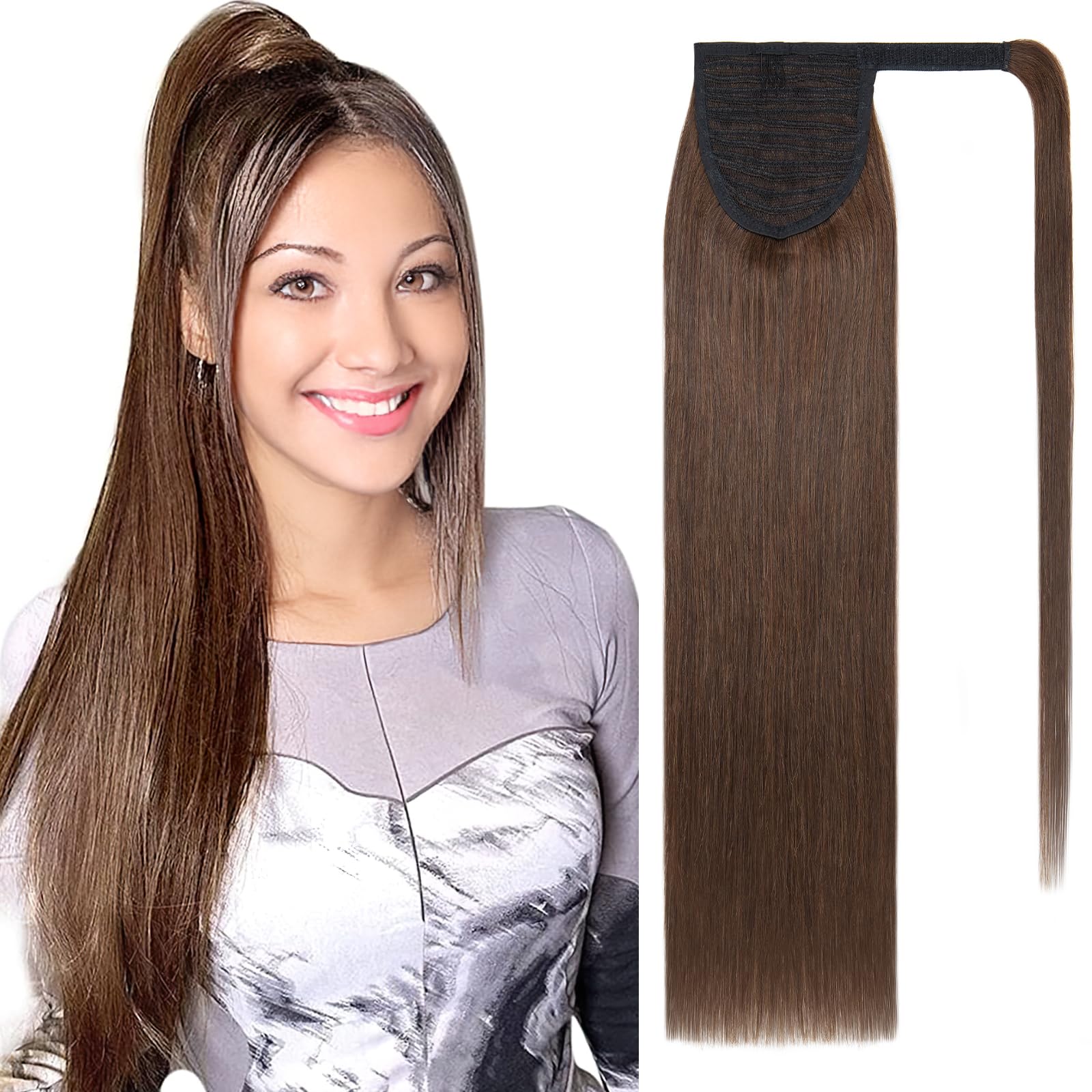 SEGOHAIR Wrap Around Ponytail Human Hair Clip in Ponytail Hair Extensions, 20 inch Long Straight One Piece Clip in Hairpieces Remy Real Human Hair-Dark Chocolate Brown — image 1