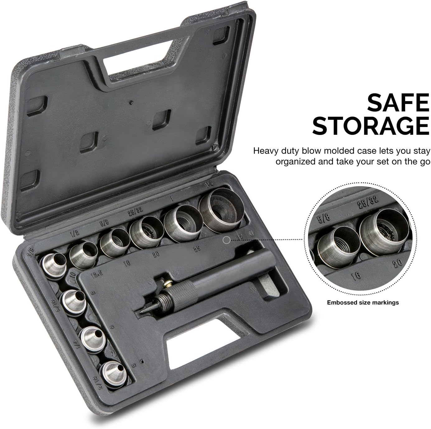 Neiko 02614A Interchangable Hollow Hole Punch Set with Handle, Heavy Duty with Handle Case, 10-Piece Large Set - Hand Tool Hole Punches - 