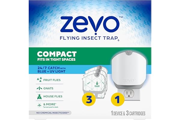Zevo Compact Flying Insect Trap Kit with Refill Cartridges - Plug-in Indoor Bug Catcher for Gnats, House & Fruit Flies - Blue + UV Light Technology, No Odor, No Mess (1 Plug-in Device + 3 Cartridges)