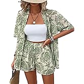 TUREAU Women Summer 2 Piece Set Printed Short Sleeve Top Lounge Shorts Beach Outfits, 03Green S