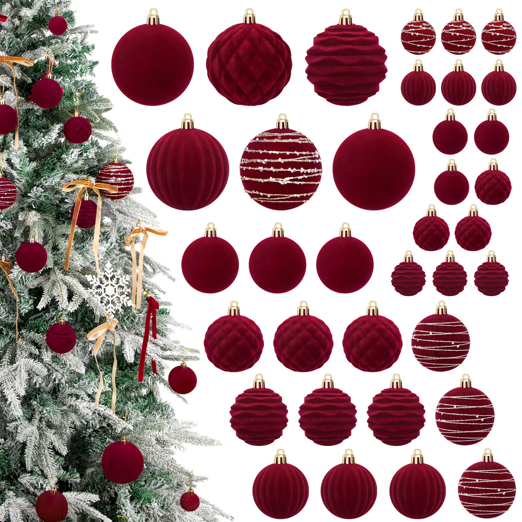 View 1 of 36 PCS Red Velvet Christmas Ornaments Balls for Tree, Burgundy Flocked Shatterproof Hanging Ornaments for Xmas Tree Home Party Holiday Decorations