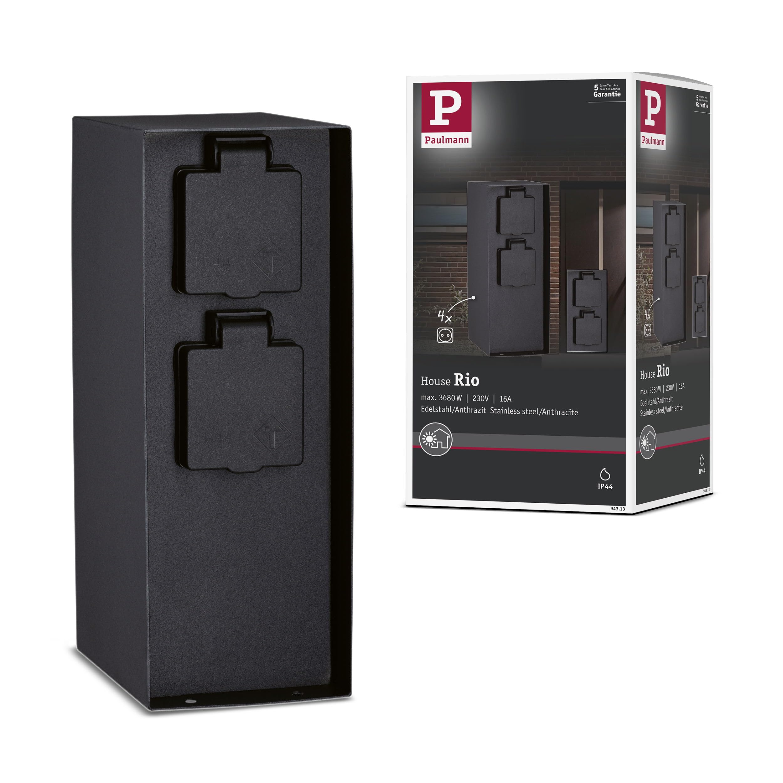 Paulmann 94313 Rio Column 4 outlets max. 3650 watts Outdoor Anthracite Garden Lighting Stainless Steel Control-EU Socket