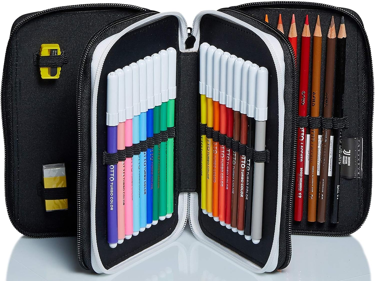 Seven Juventus 3-Compartment Case, Match, Black and White, with Pens, Pencils, Colors and More, Nero, 12.5x19.5x7cm - Image 3