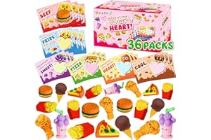 URANUS&NO.1 Valentines Day Gifts for Kids, 36 Packs Valentines Cards with 3D Food Erasers for Classroom School Valentine Exchange Gifts, Class School Prizes,Valentine Party Favor for Toddlers Boys Girls