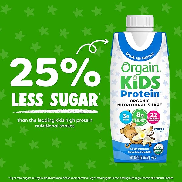 ORGAIN ORGANIC KIDS NUTRITIONAL PROTEIN SHAKE, VANILLA, HEALTHY KIDS SNACKS, 8G DAIRY PROTEIN, 3G FIBER, 22 VITAMINS & MINERALS, NO SOY INGREDIENTS, GLUTEN FREE, NON-GMO, 8.25 FL OZ (PACK OF 12)