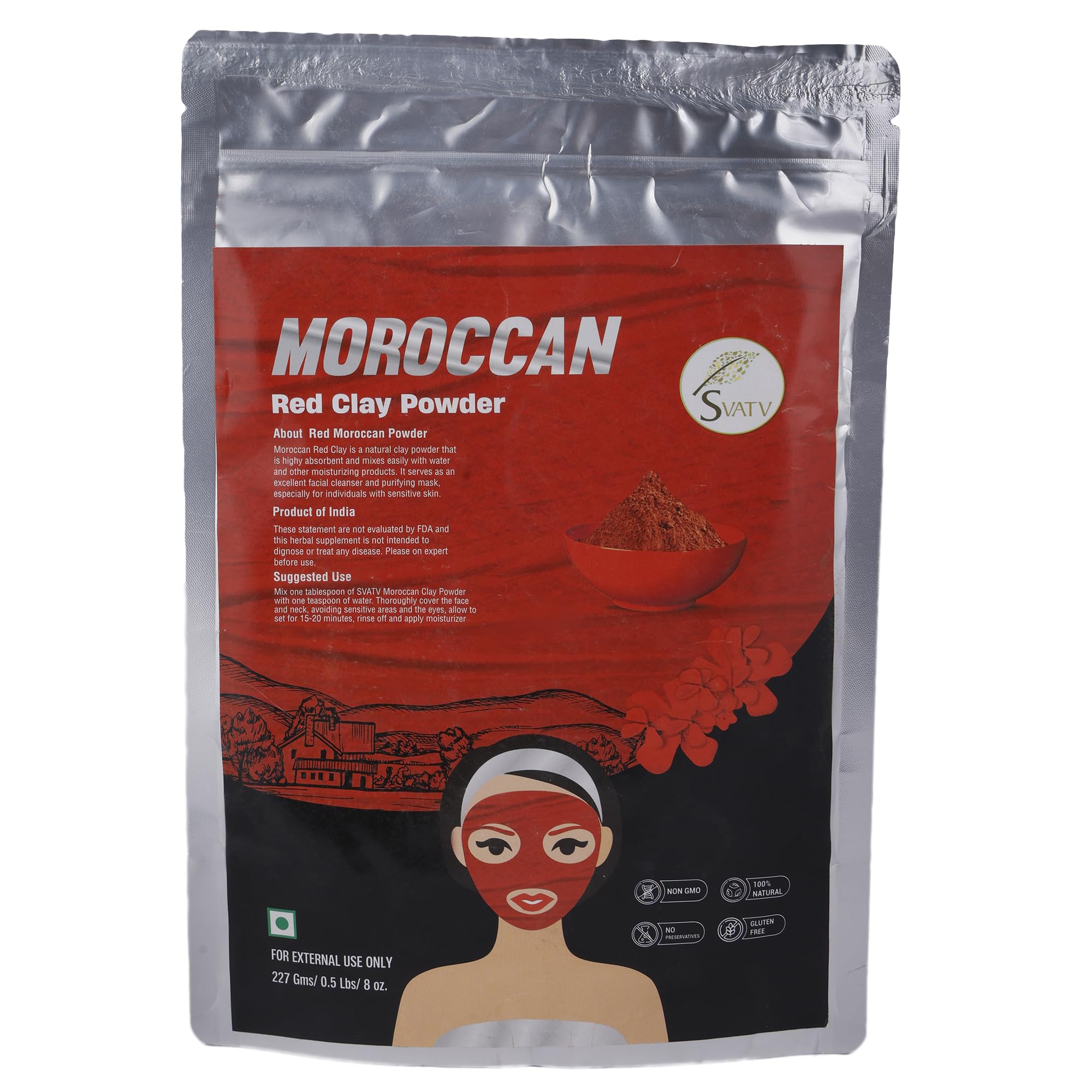 SVATV Herbal Red Moroccan Clay Powder (Red Clay) | For Anti-Ageing & Skin Firming | Hair Mask | Face Scrub | Deeply Cleanses Pores & Purifies | Skin Care Detox - 227g,Half Pound, 8 ounce
